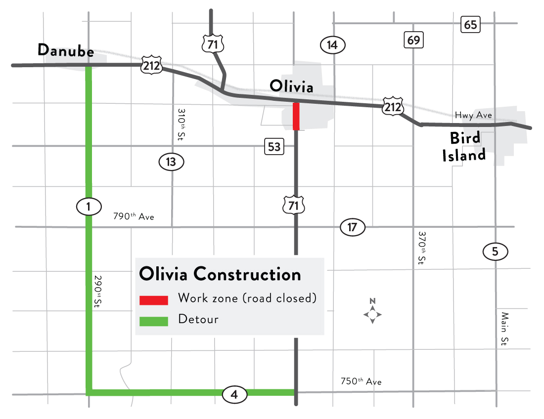 Map of Hwy 71 work zone in Olivia with area from Viking Drive to Hwy 212.  Map also includes the detour.